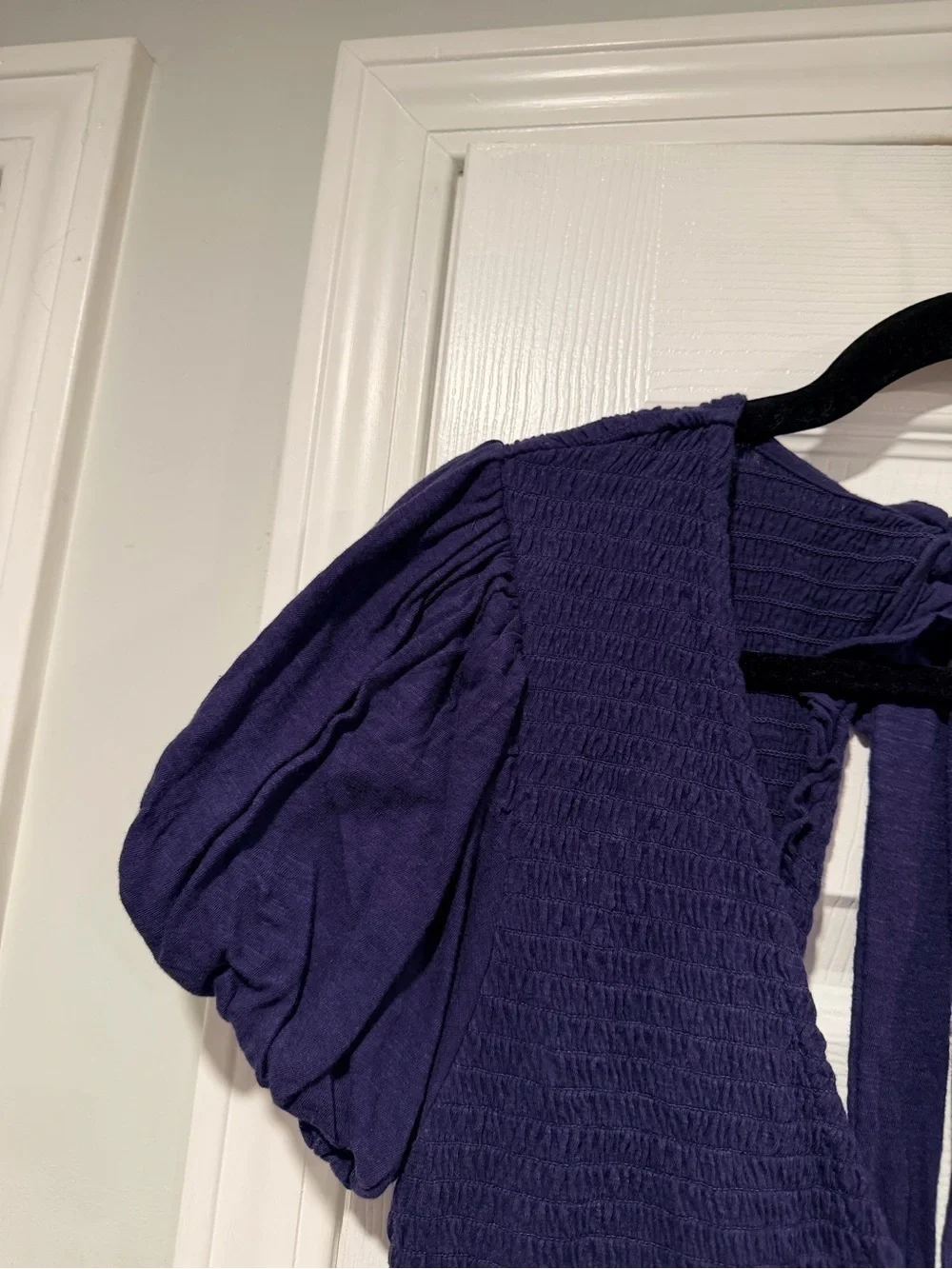 NWOT Free People Size L Blue Smocked Puff Sleeve Open Tie Back Babydoll Top